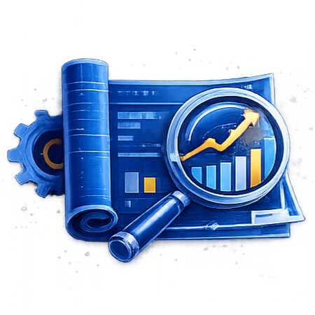 Magnifying glass analyzing charts and dashboards representing diagnosing analytics systems and reviewing metrics, models, and reports.