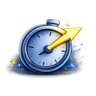 Stopwatch with upward arrow representing faster business decisions enabled by clear and trusted analytics.