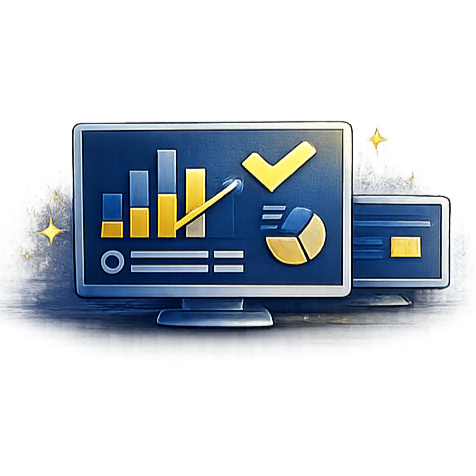 Analytics dashboard with check mark representing fewer reports delivering clearer answers and insights.