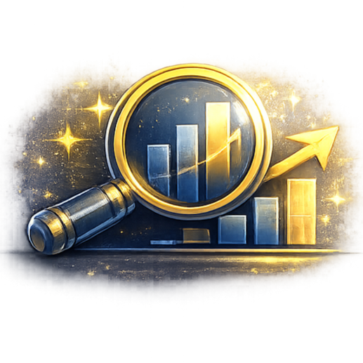 Magnifying glass analyzing charts representing clearer answers from structured analytics systems.