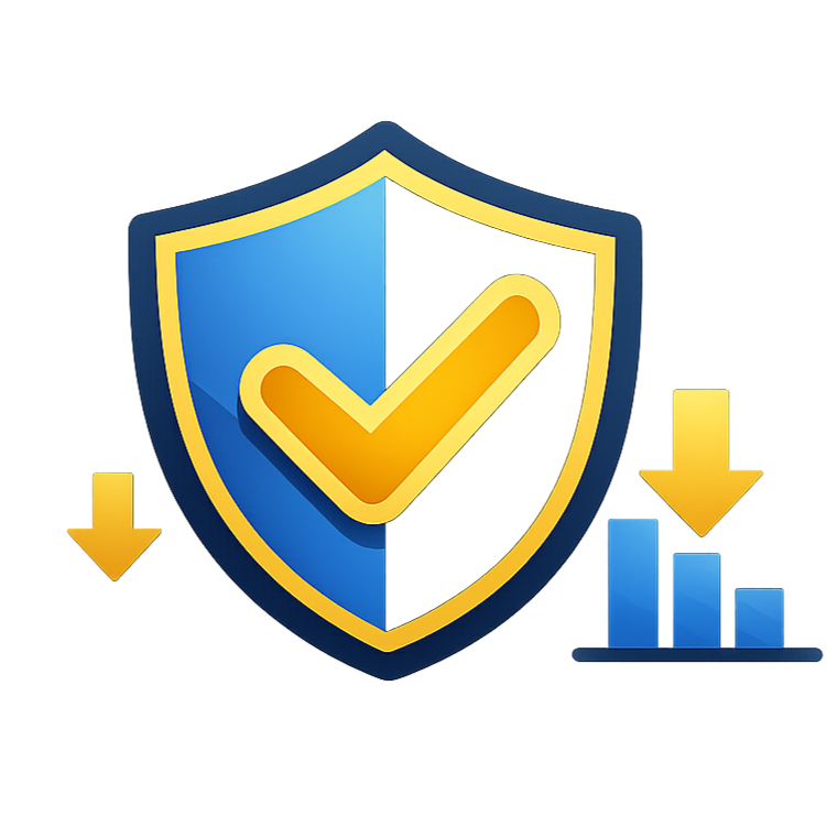 Shield icon representing reduced risk and strong governance in analytics systems and data strategy engagements.