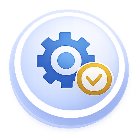 Gear with check mark representing internal execution of an analytics decision system roadmap by the team.