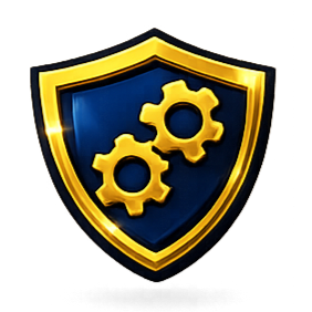 Shield with gears representing operational cadence support and governance for analytics decision systems.