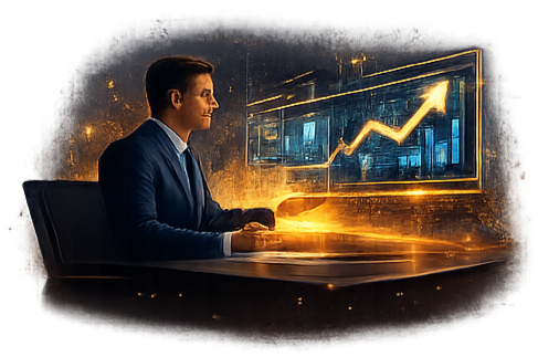 Analytics advisor reviewing dashboards and metrics, representing lightweight fractional analytics leadership focused on decision clarity and system health.