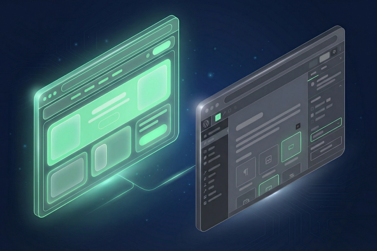 Twee isometrische schermen naast elkaar: links een modern Webflow-interface in elektrisch mintgroen, rechts een WordPress-editor in donkergrijs
