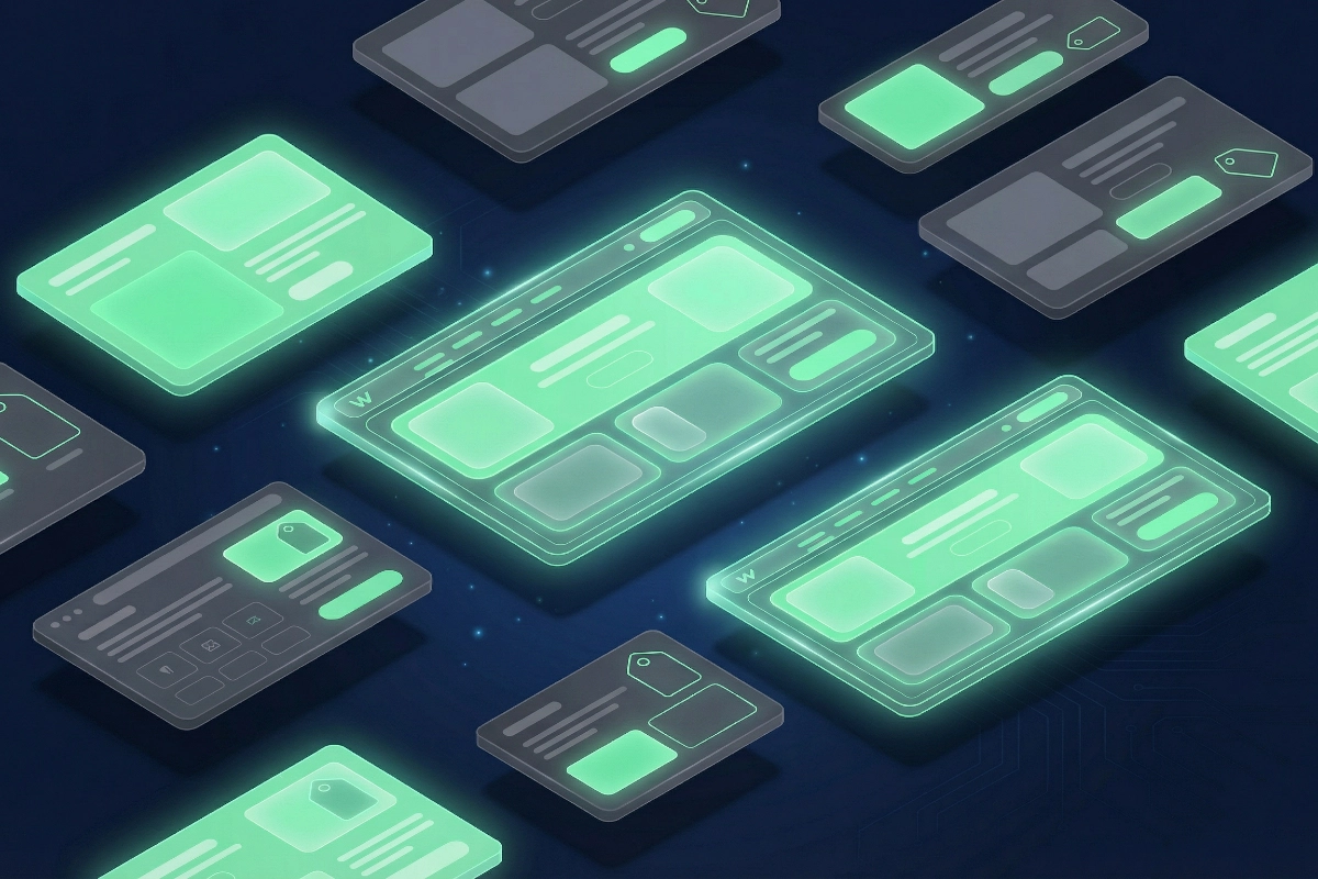 Overzicht van meerdere isometrische website-wireframes in mintgroen en grijs verspreid op donkerblauwe achtergrond