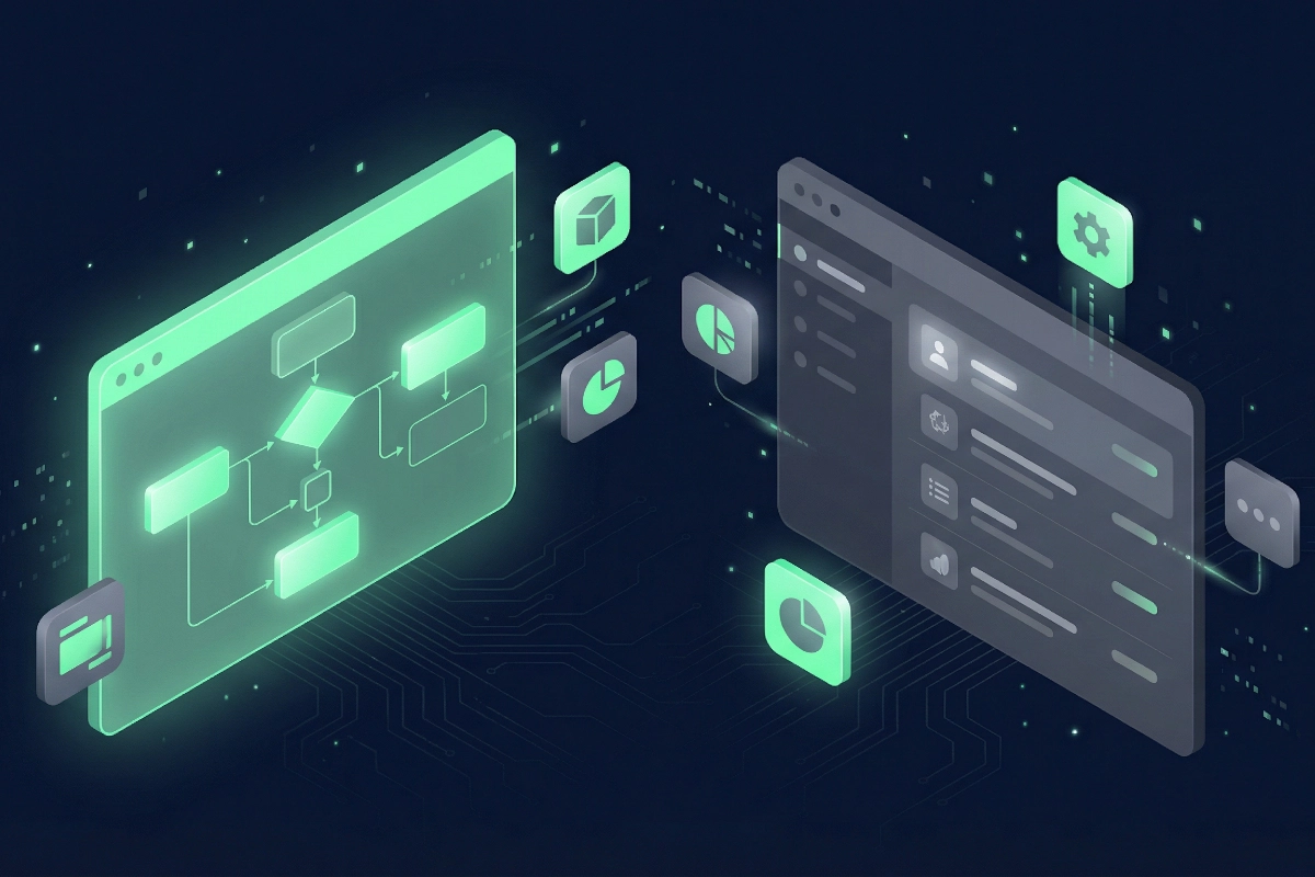 Twee isometrische automatiseringsplatformen naast elkaar: links een visuele flowchart in mintgroen, rechts een donkergrijs lijstinterface met app-iconen
