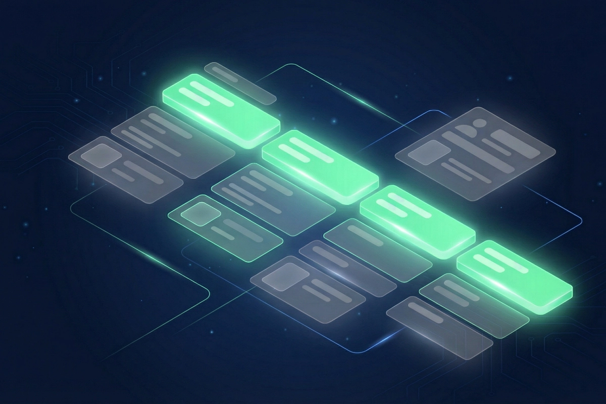 Isometrisch CRM-dashboard met contactkaarten en gloeiende mintgroene datarijen in een overzichtelijk pipeline-raster op donkerblauwe achtergrond