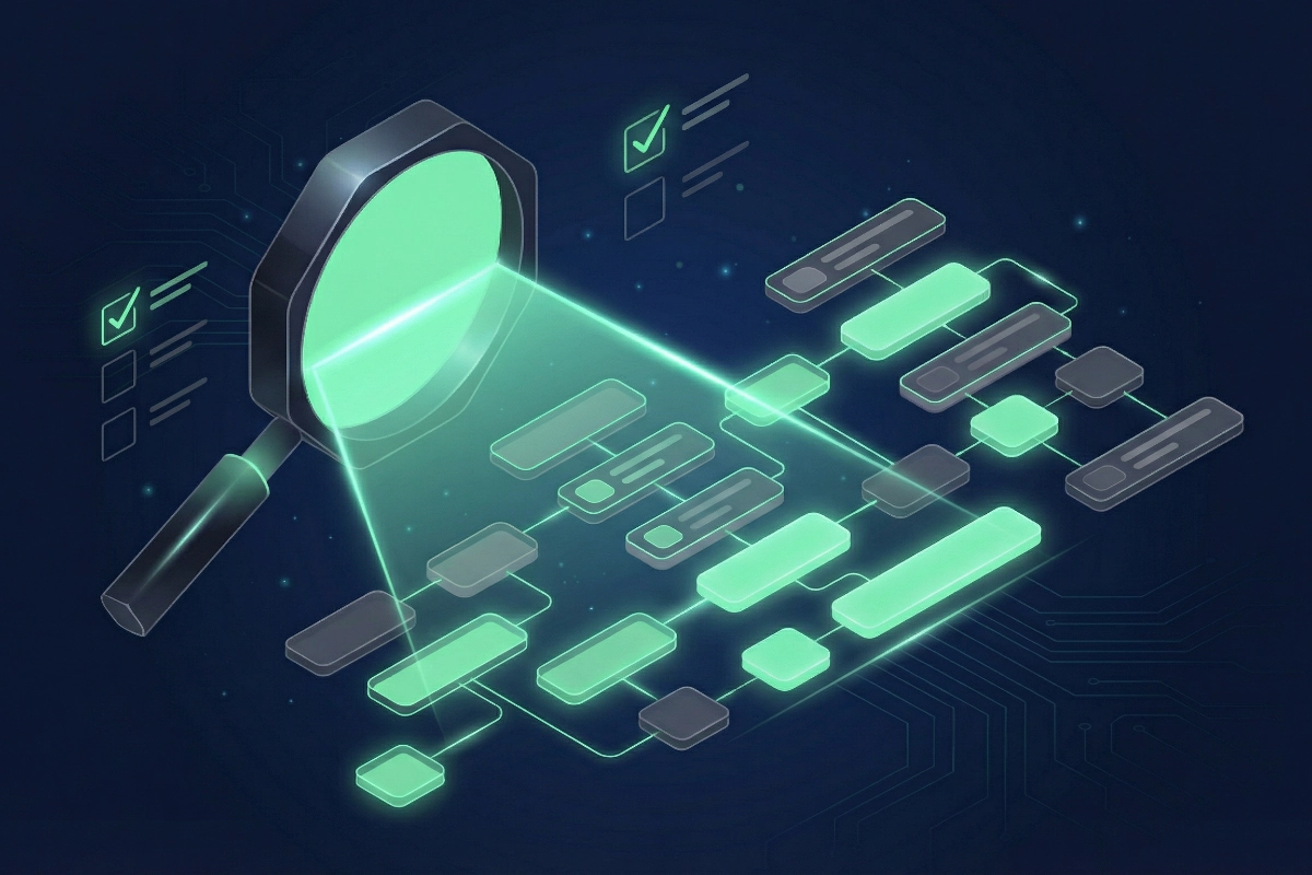 Isometrische illustratie van een vergrootglas dat een procesflow scant met mintgroene checkboxes en gloeiende stroomdiagram-elementen op donkerblauwe achtergrond