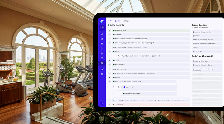 Exterior swimming pool from a hotel, with an iPad that contains Customer Alliance AI Insights screen