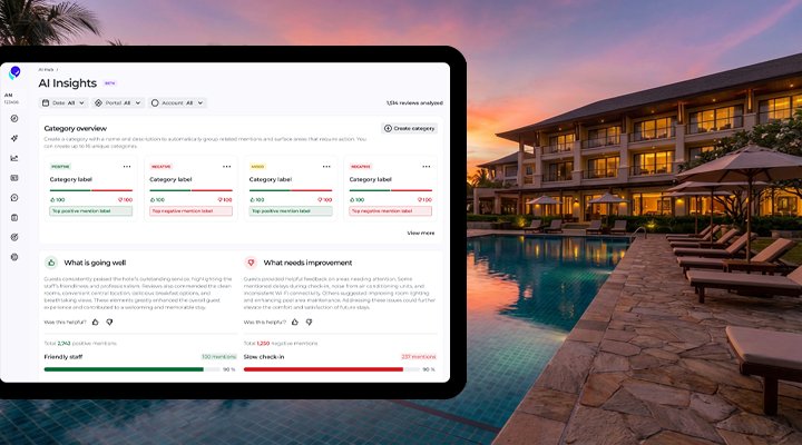Exterior swimming pool from a hotel, with an iPad that contains Customer Alliance AI Insights screen