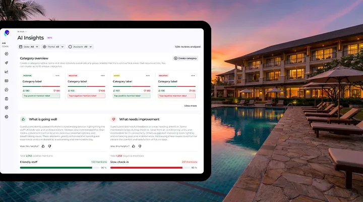 Exterior swimming pool from a hotel, with an iPad that contains Customer Alliance AI Insights screen
