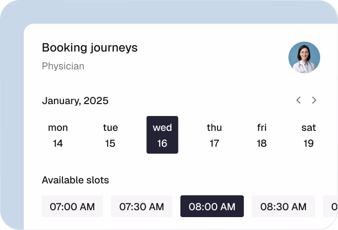 Calendar interface showing available time slots for self-serve booking page