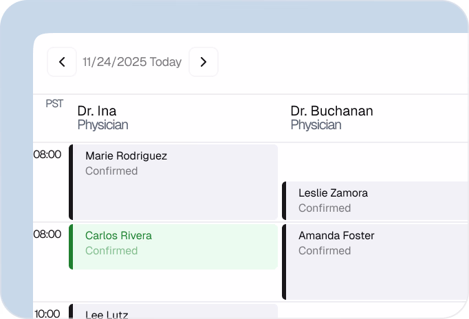Calendar view of upcoming confirmed patient appointments for different physicians
