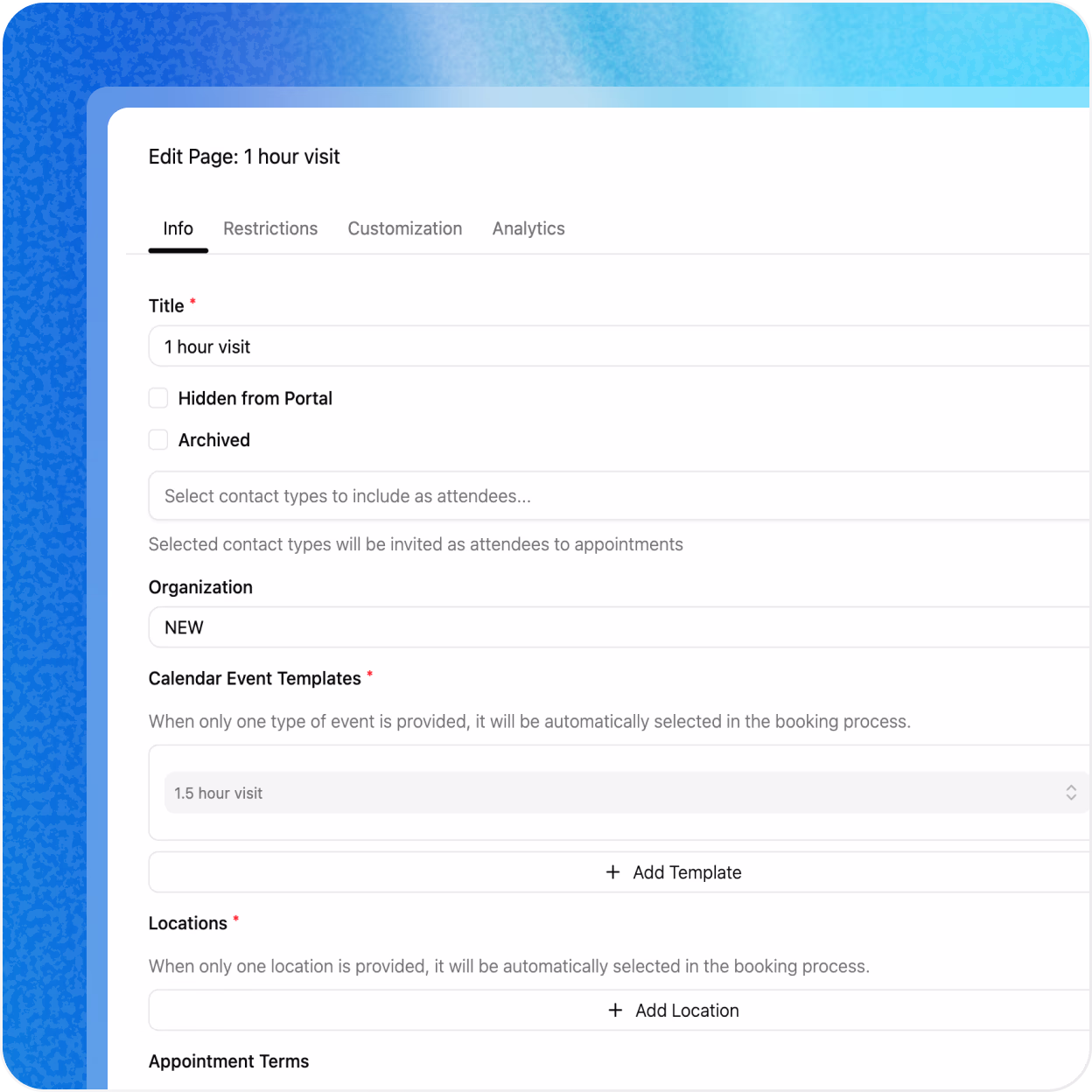 Setting interface for creating a new 1-hour self-serve booking page for patients