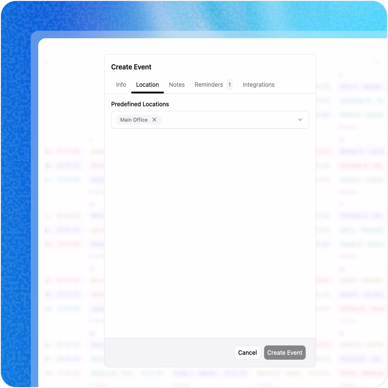 Event interface showing predefined location settings for different provider offices