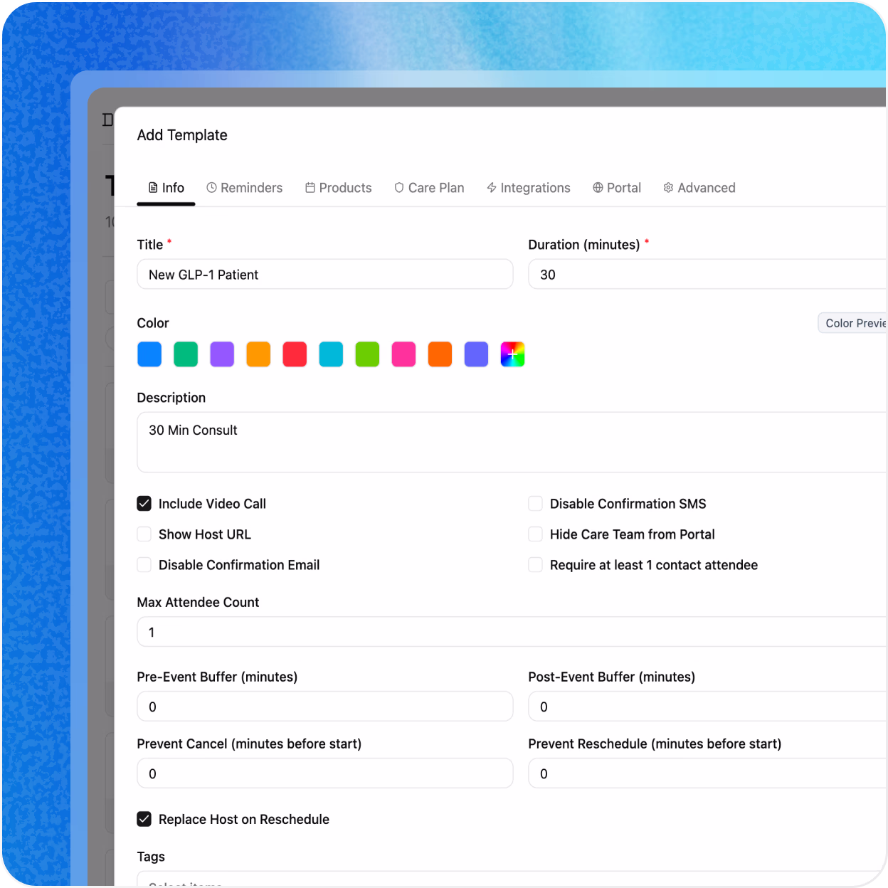 Interface for creating new appointment templates for patient care