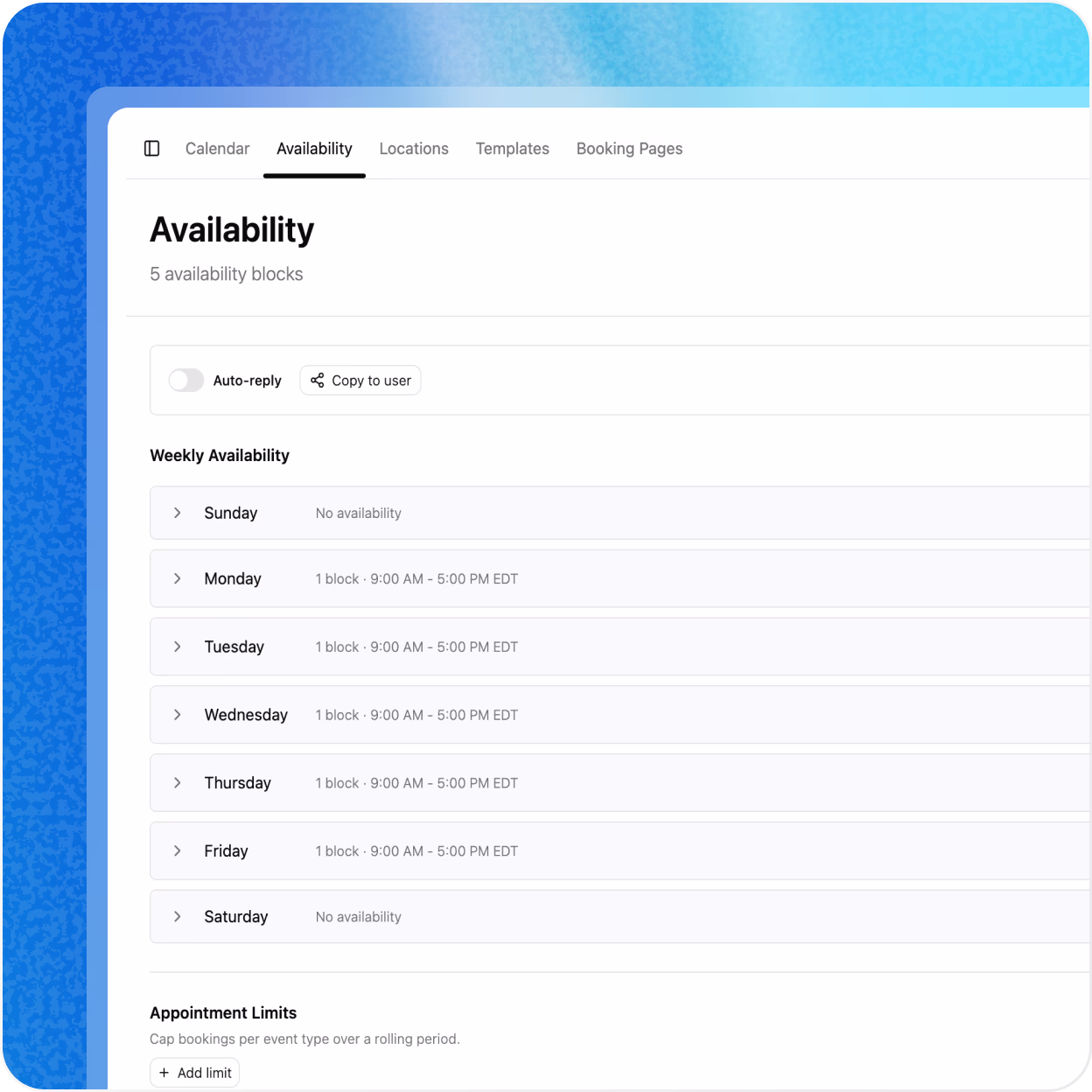 Interface for editing clinician appointment availability within their weekly calendar