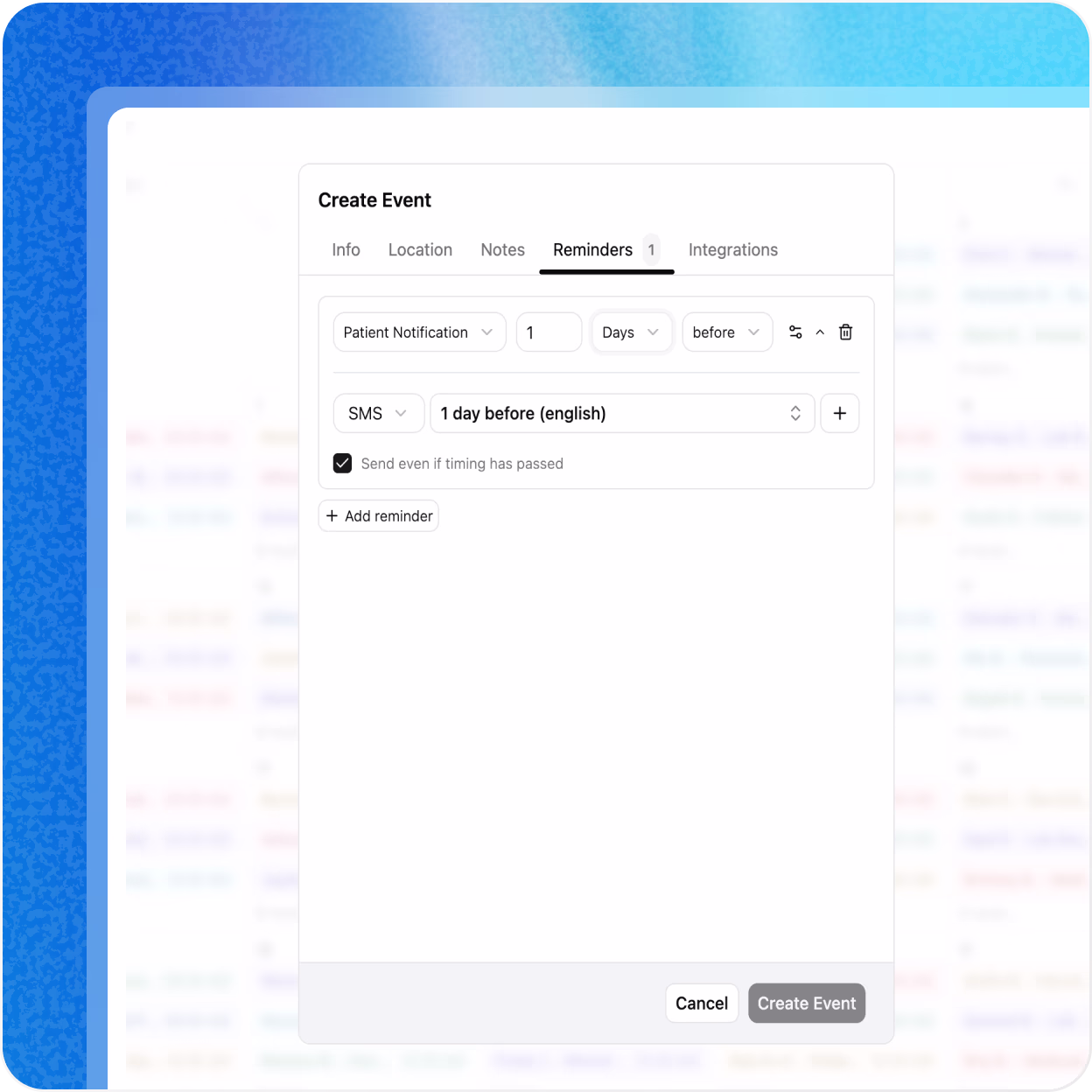 Interface for creating new event types with automated appointment reminders via SMS, email, or voice