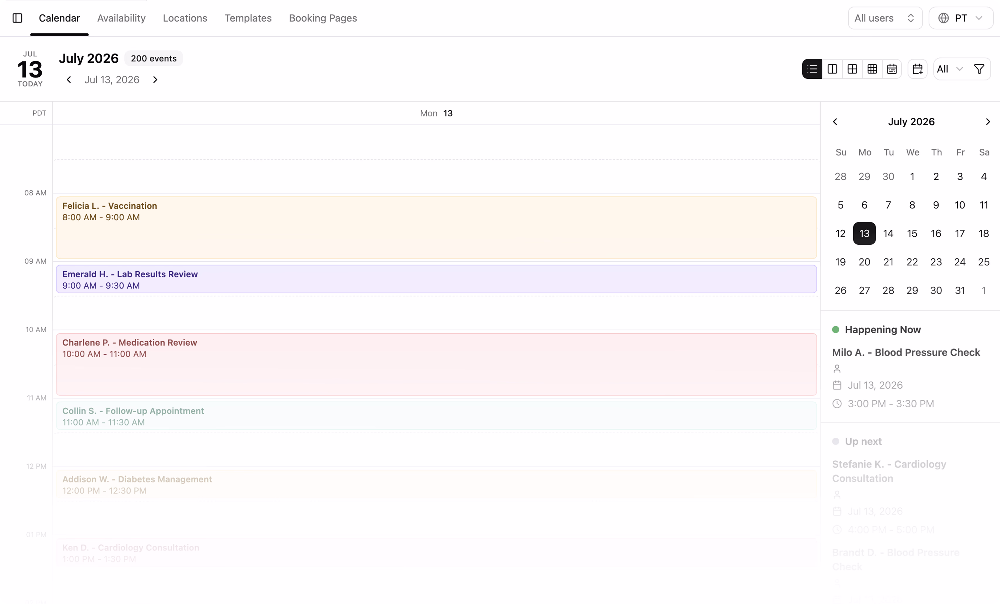 Calendar view of patient appointment scheduler and confirmed appointments for the week