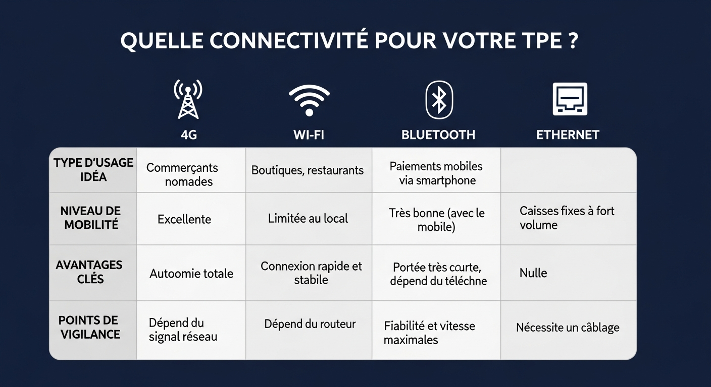 Tableau comparatif des connectivités pour terminaux de paiement. Il compare 4G, Wi-Fi, Bluetooth et Ethernet sur des critères comme l'usage idéal, la mobilité, les avantages et les inconvénients pour aider les commerçants à choisir.