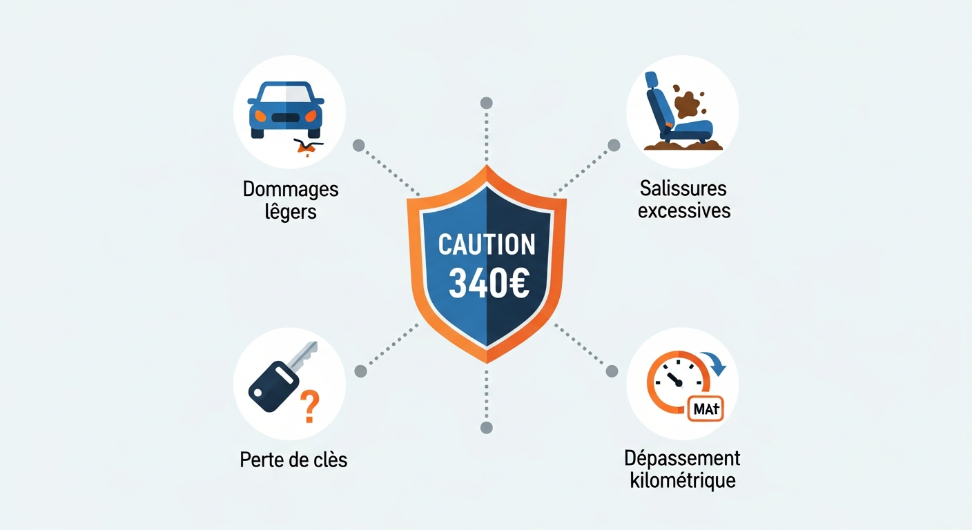 Infographie expliquant les risques couverts par la caution de 340€. Un bouclier central 'Caution 340€' est relié à quatre icônes : dommages légers, salissures excessives, perte de clés, et dépassement kilométrique.