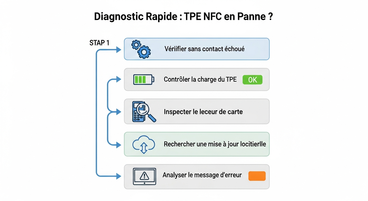 Infographie de diagnostic pour un terminal de paiement NFC qui ne fonctionne pas. Le diagramme montre 5 étapes à suivre : 1. Vérifier l'activation NFC. 2. Contrôler la charge du TPE. 3. Inspecter le lecteur de carte. 4. Rechercher une mise à jour logicielle. 5. Analyser le message d'erreur.