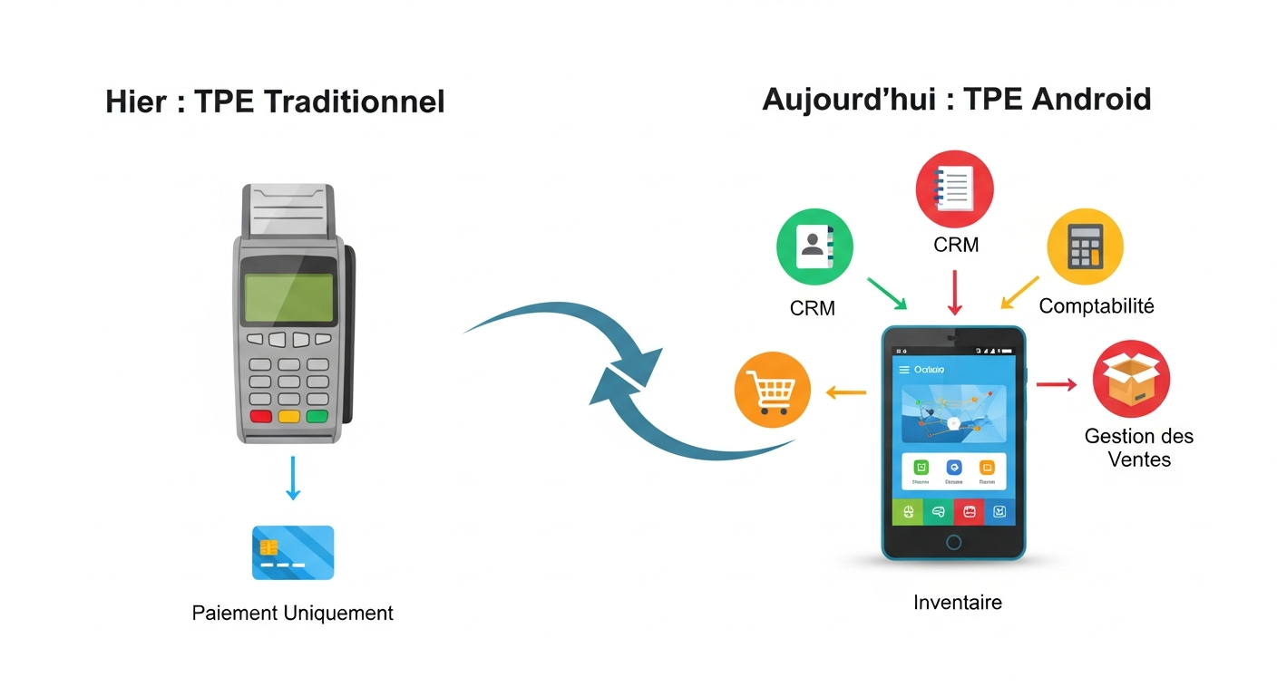 Infographie comparant l'évolution du TPE. À gauche, un terminal de paiement traditionnel limité à la fonction de paiement. À droite, un TPE Android moderne qui intègre de multiples applications métiers comme le CRM, la comptabilité, la gestion des ventes et l'inventaire.