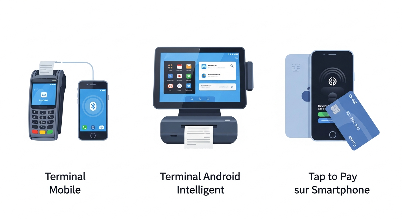 Infographie comparant trois types de terminaux de paiement pour 2026 : un terminal mobile compact, un terminal Android intelligent tout-en-un, et la technologie Tap to Pay directement sur smartphone.