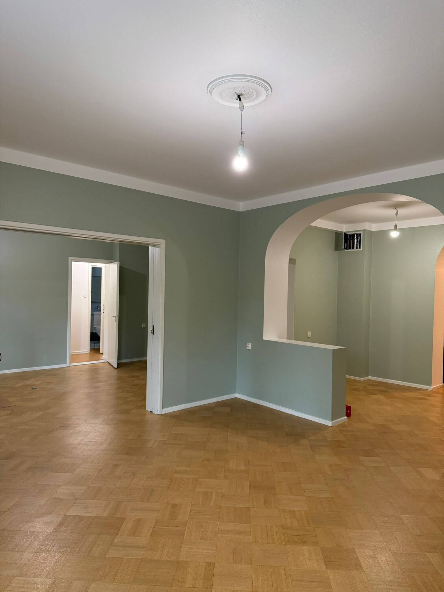 Huoneessa on parkettilattia, vihreät seinät, valkoiset jalkalistat ja kaariholvi. Katto on valkoinen ja siinä on kattokruunu.