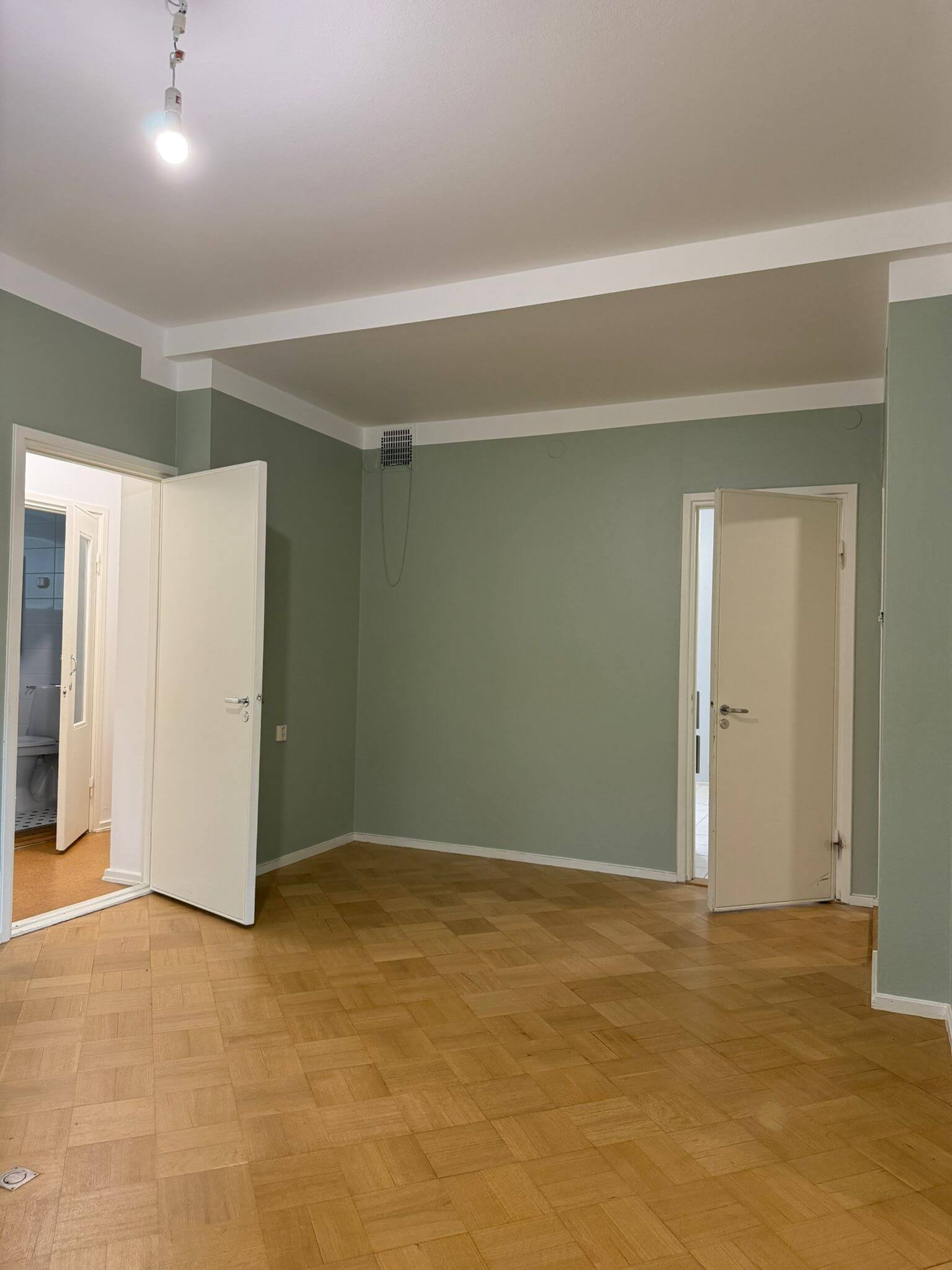 Huone, jossa on parkettilattia, vihreät seinät, valkoinen katto ja kaksi valkoista ovea. Yhdessä ovessa näkyy kylpyhuone. Huoneessa on yksi paljas lamppu.