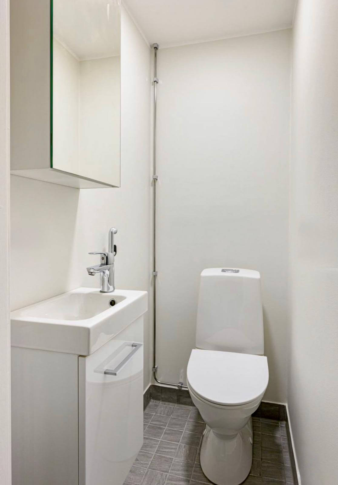 Pieni kylpyhuone, jossa on valkoinen pesuallas, peilikaappi ja wc-istuin harmaalla laattalattialla.