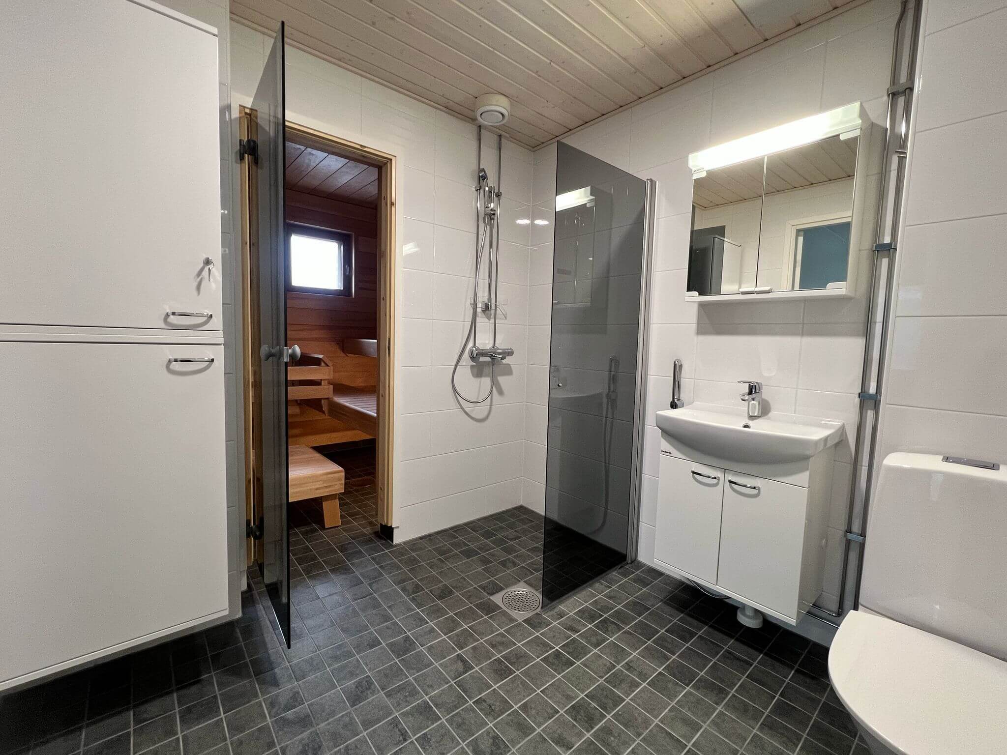 Kylpyhuoneen sisustus, jossa on sauna, suihku, pesuallas ja wc-istuin. Harmaat lattialaatat ja valkoiset seinälaatat.