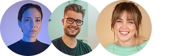 Headshots of three smiling young adults arranged horizontally with an upward-right arrow icon to the right.