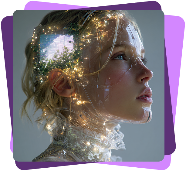 Side profile of a woman with a translucent face and head illuminated by small glowing lights and showing a digital nature scene inside her head.