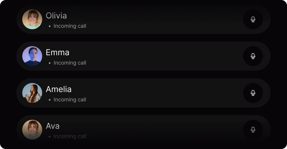 List of four incoming calls with profile pictures and names Olivia, Emma, Amelia, and Ava, each with a microphone icon on the right.