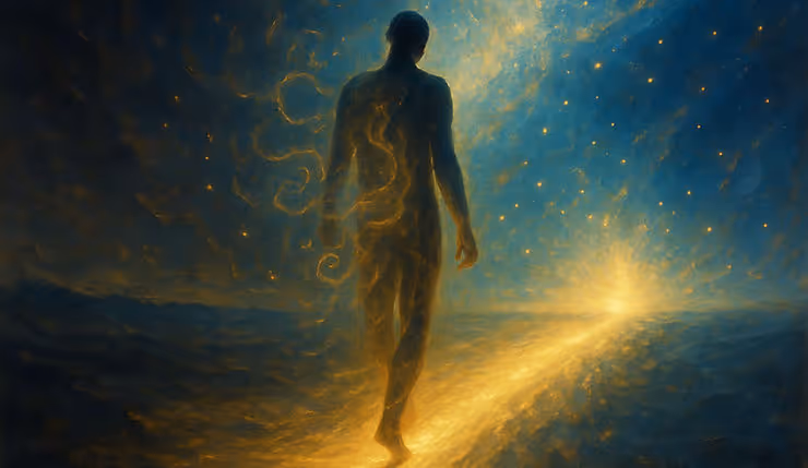 a human walks into a golden cosmic light symboling the journey to 5D consciousness
