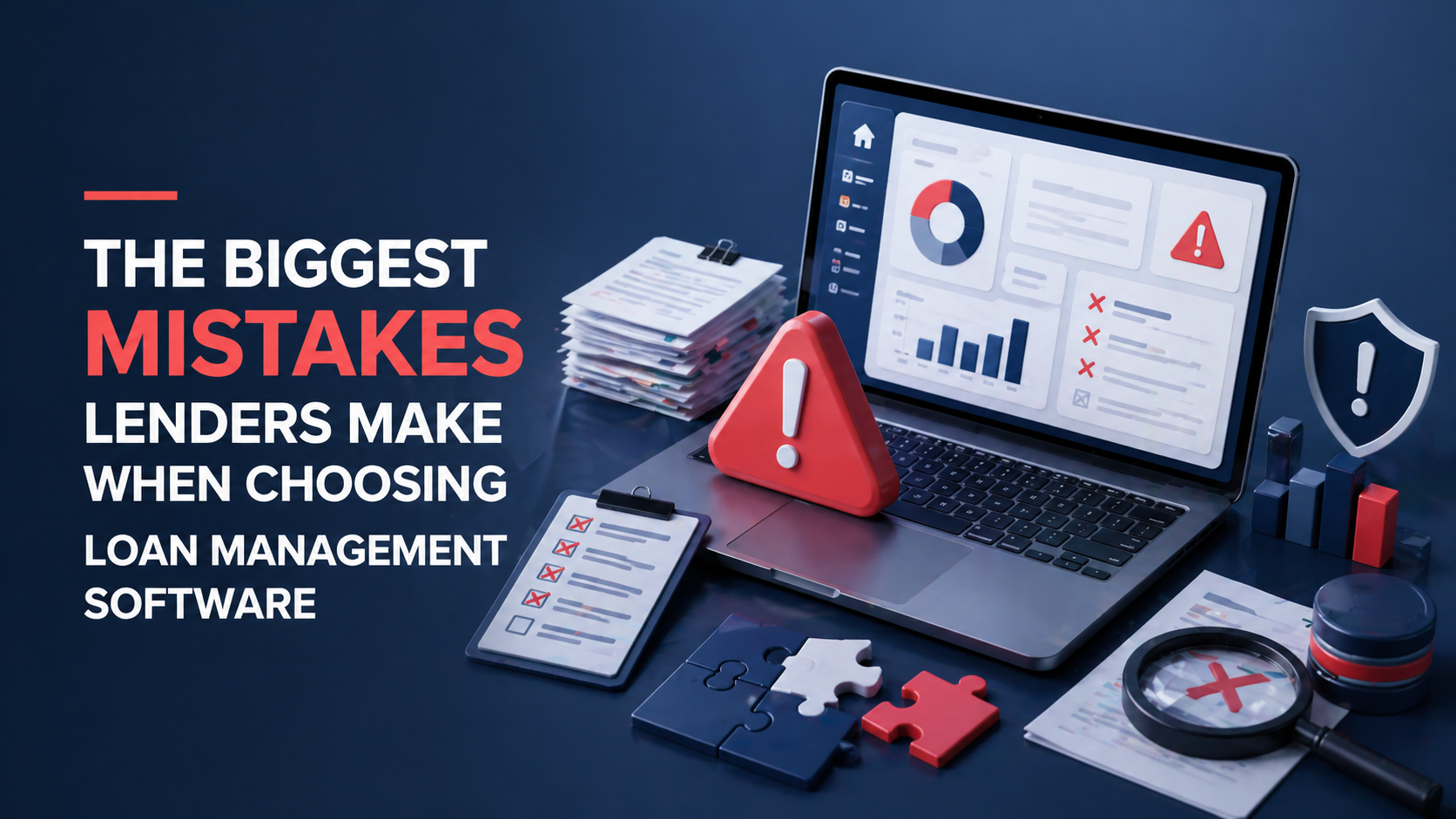 Loan management software dashboard with warning symbols, compliance shield, pricing documents, and risk indicators