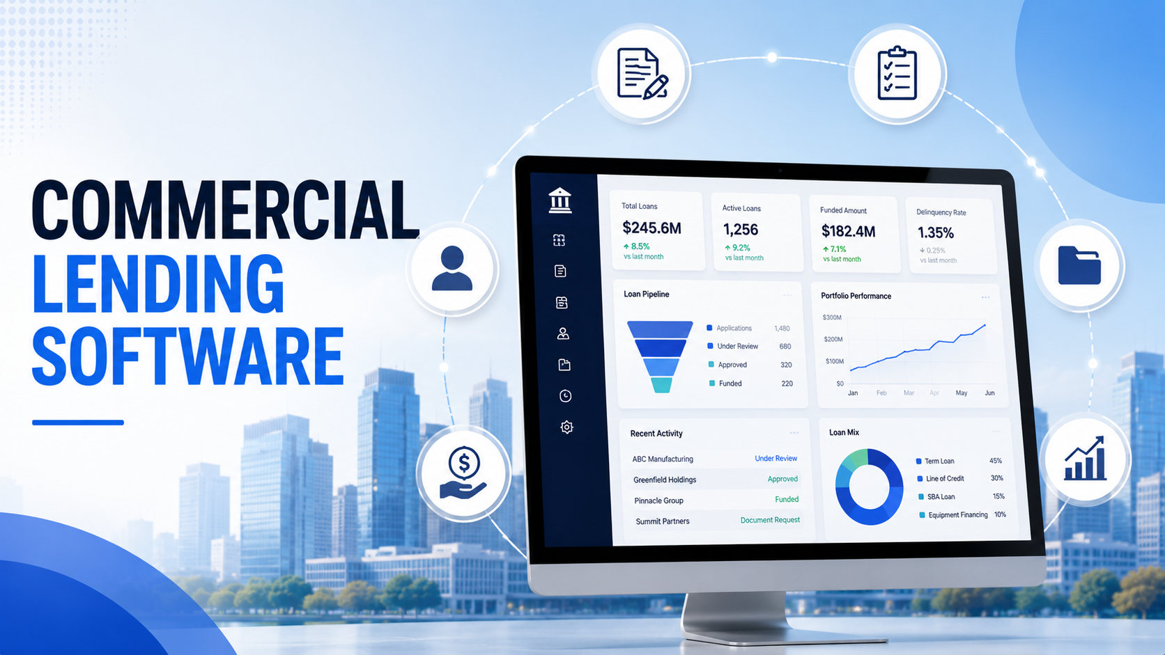 Commercial lending software dashboard connecting origination, underwriting, servicing, compliance, and portfolio management workflows