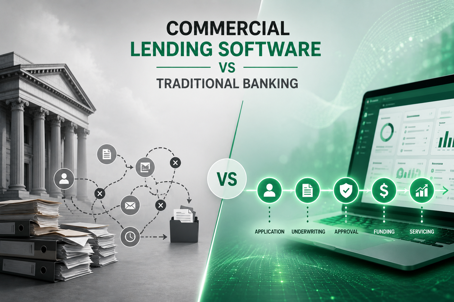 Commercial lending software compared with traditional banking systems using connected digital workflows and manual processes