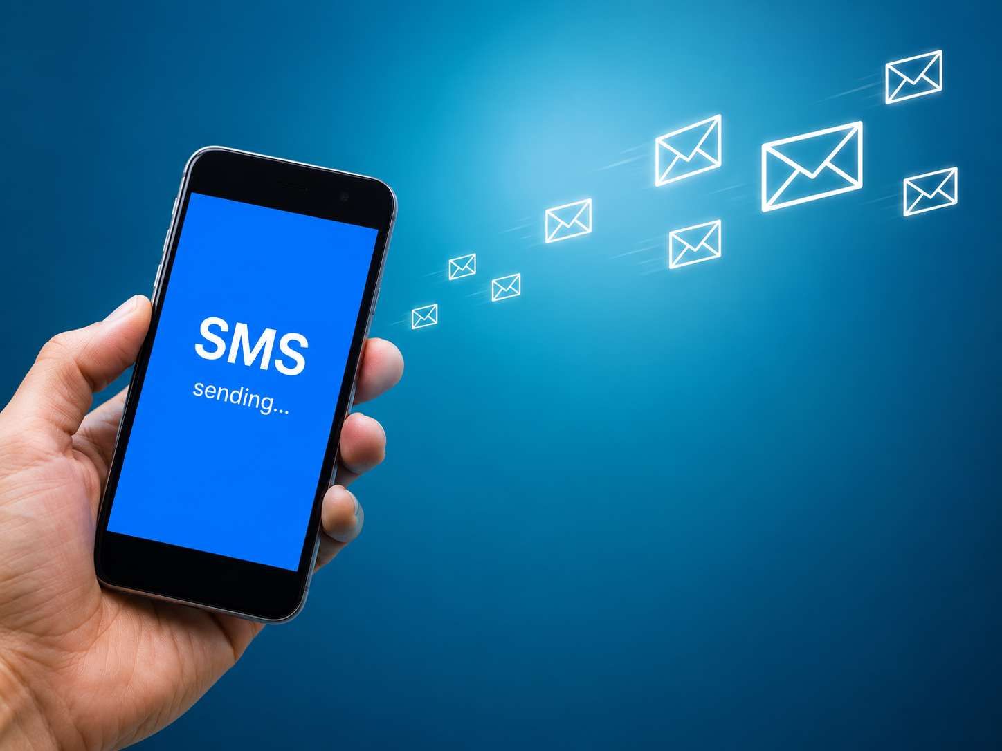 Hand holding phone sending SMS with message icons, representing simplified business communication via SMS & Fax Hub