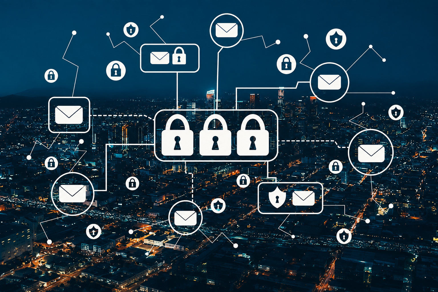 Email and padlock security icons over night cityscape, illustrating healthcare email protection with Secure Email by Paubox