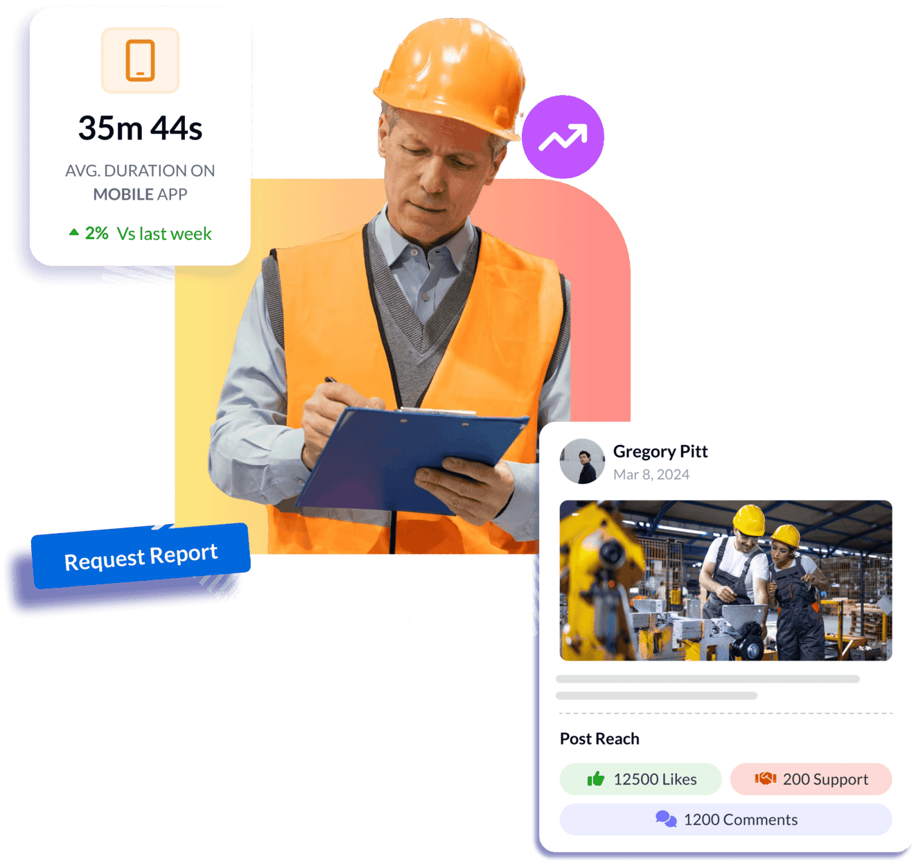 Frontline worker with clipboard, mobile app duration stat and post reach metrics