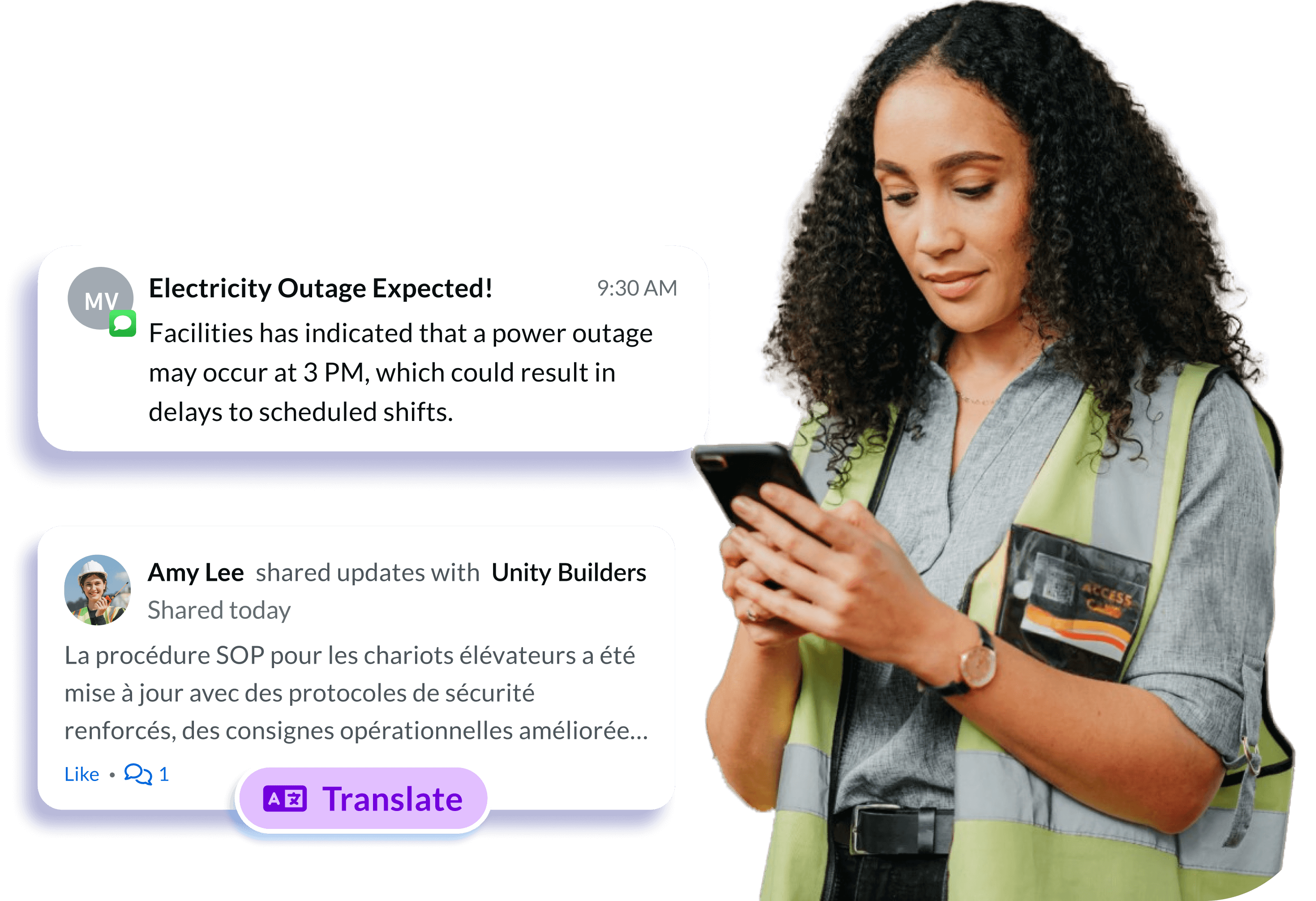 Frontline worker on phone with push notification and translate feature