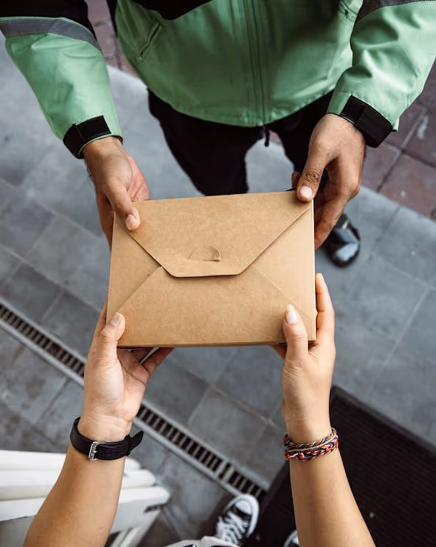 Close-up of two people exchanging a brown paper package outdoors, with one person wearing a green jacket and the other wearing bracelets and a watch.