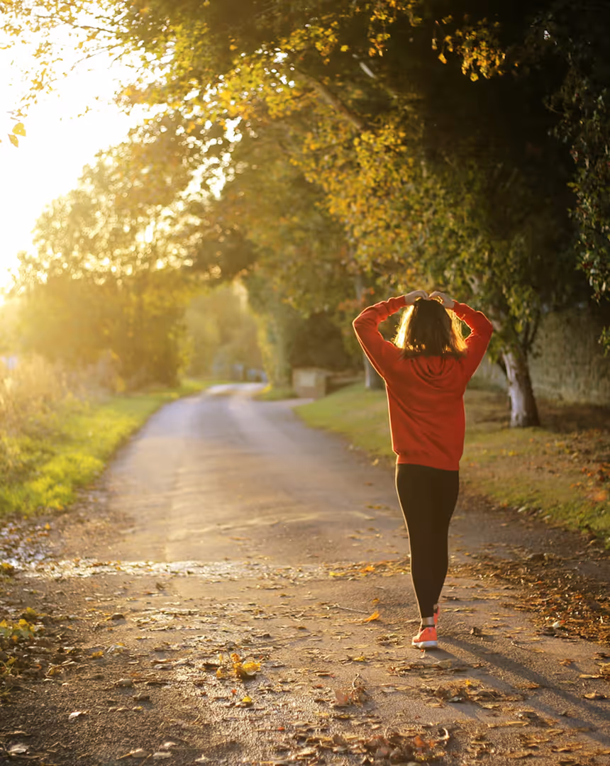 Person wearing a red hoodie and black pants walking on a leaf-covered path lined with trees in warm sunlight.