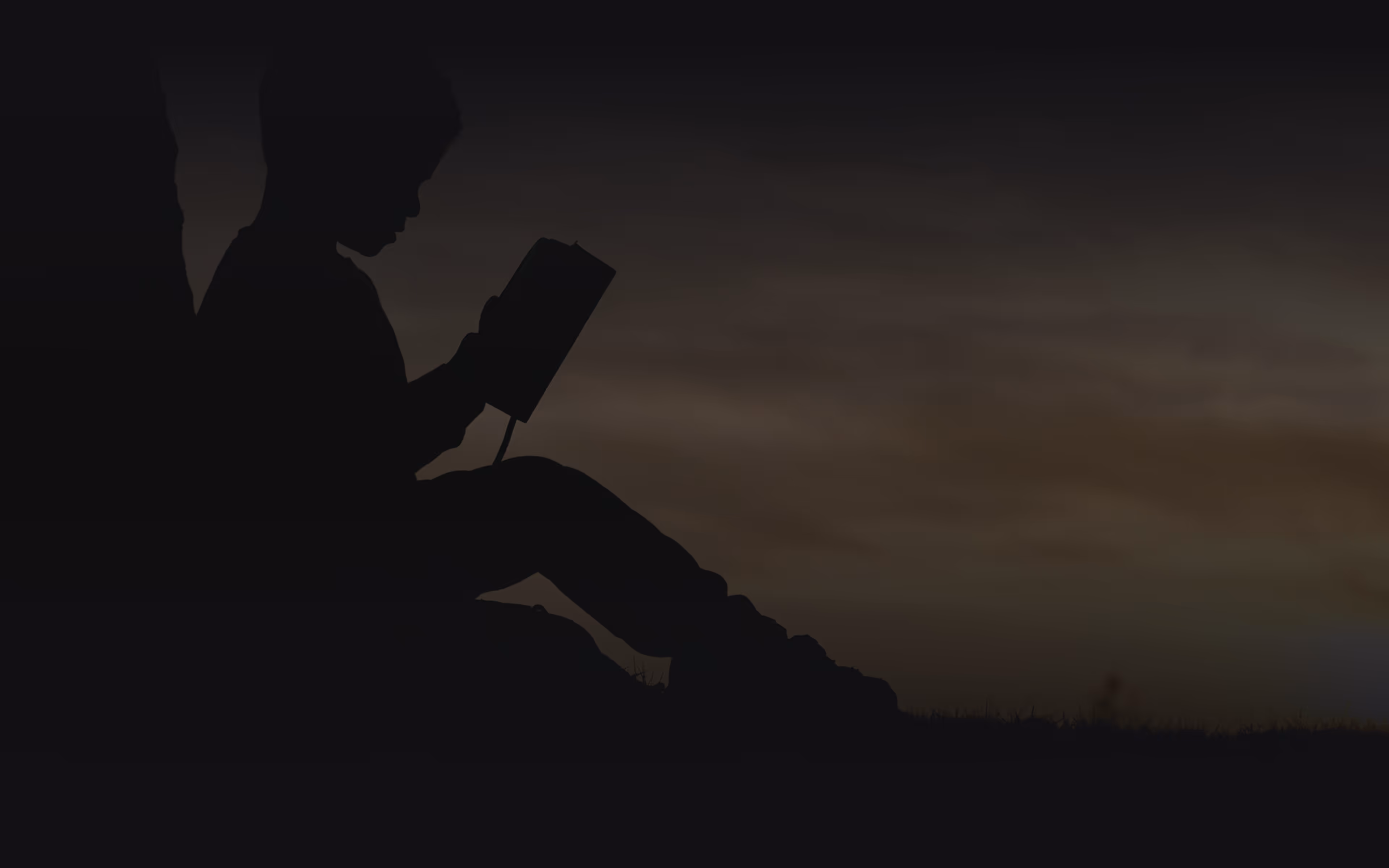 Silhouette of a child sitting outdoors reading a book against a dim, evening sky.