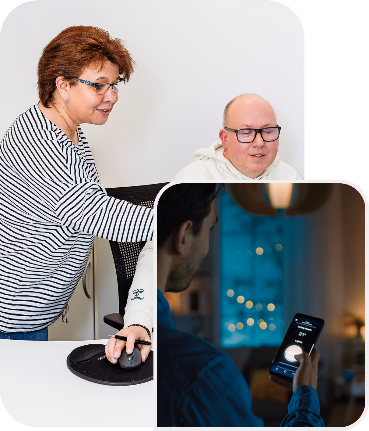 Mitarbeiter von WTH am arbeiten im Hintergrund eine Frau und ein Mann und Mann der die Licht Steuerung über das Handy nutzt