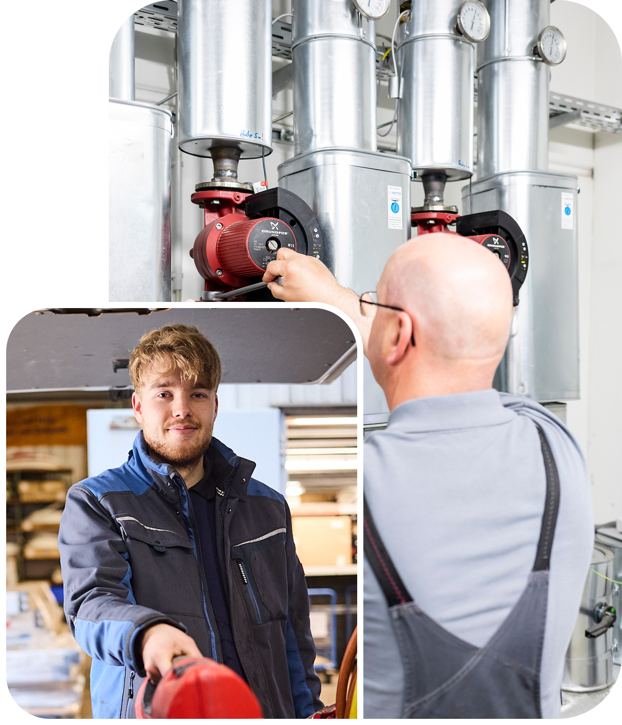 Zwei Personen arbeiten in einem technischen Anlagenraum an einem roten Bauteil.