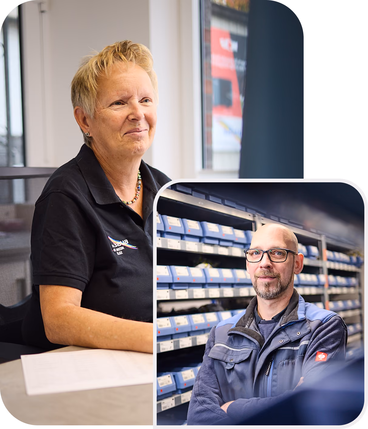 Das Bild zeigt eine Frau in einem Büro am Schreibtisch und daneben einen Mann in Arbeitskleidung in einer Lagerhalle mit Regalen im Hintergrund.